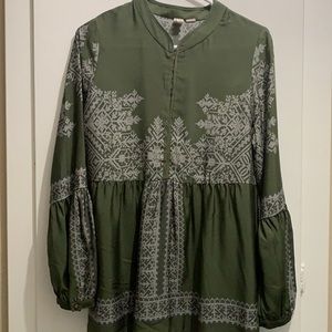 Silky feeling olive green and gray blouse.